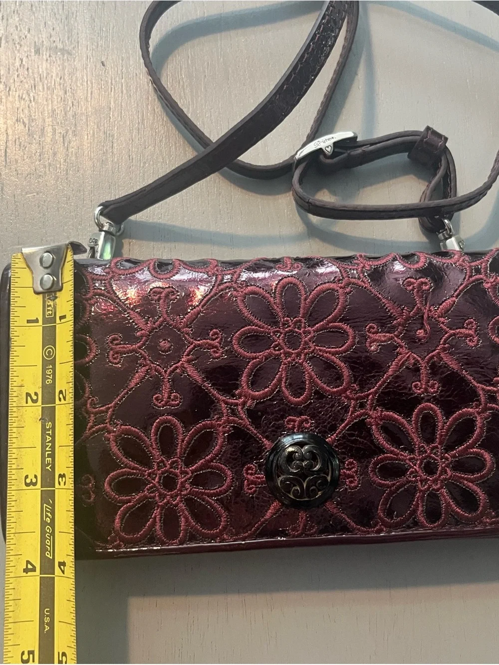 Brighton Metallic Plum Patent Leather Floral Embroidered Crossbody Wallet / Bag